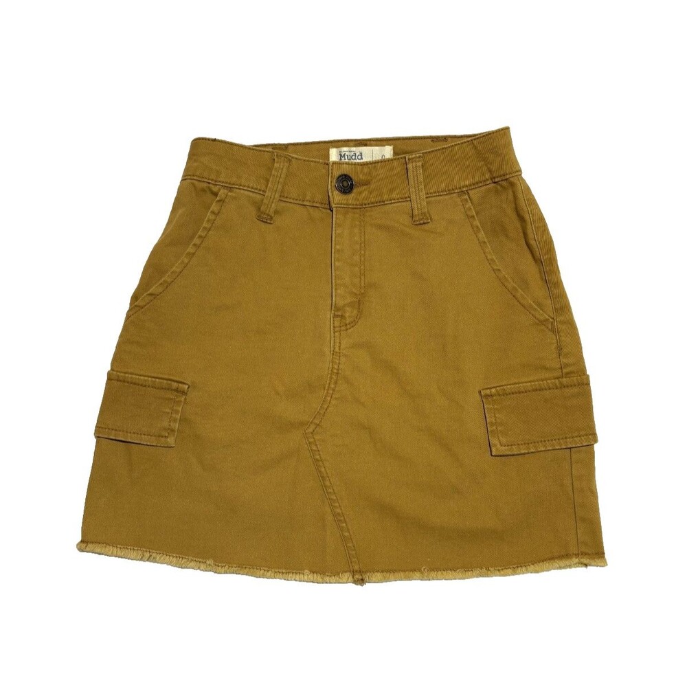 Mudd FLX Stretch Women's Cargo denim mini skirt Yellow Mustard Frayed Hem Sz 0